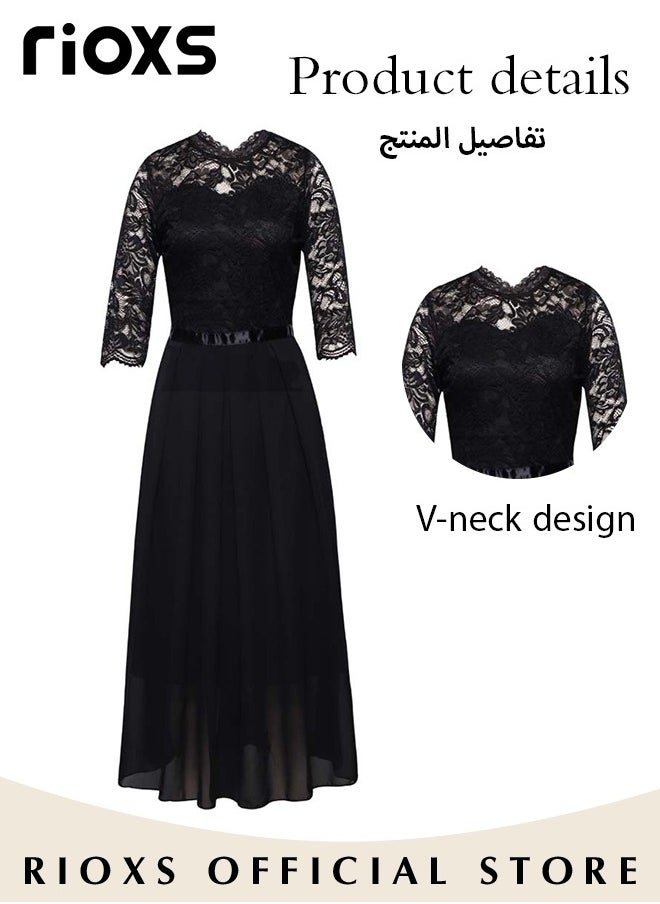 Women's Elegant Lace Long Dress 3/4 Sleeve Chiffon Party Wedding Maxi Dress Ladies Black Lace Slim Evening Cocktail Dresses For Special Occasions