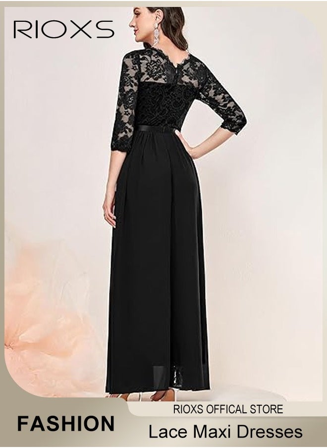 Women's Elegant Lace Long Dress 3/4 Sleeve Chiffon Party Wedding Maxi Dress Ladies Black Lace Slim Evening Cocktail Dresses For Special Occasions