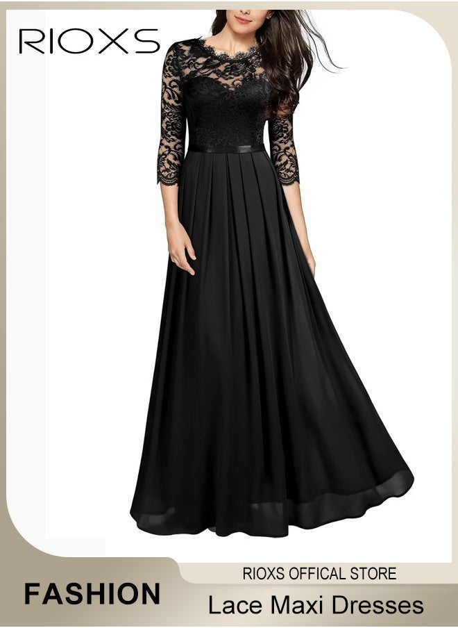 Women's Elegant Lace Long Dress 3/4 Sleeve Chiffon Party Wedding Maxi Dress Ladies Black Lace Slim Evening Cocktail Dresses For Special Occasions