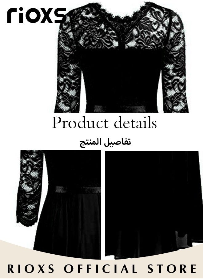 Women's Elegant Lace Long Dress 3/4 Sleeve Chiffon Party Wedding Maxi Dress Ladies Black Lace Slim Evening Cocktail Dresses For Special Occasions