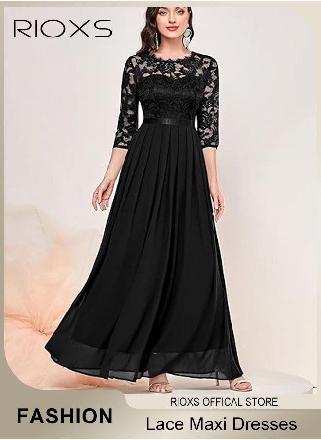 Women's Elegant Lace Long Dress 3/4 Sleeve Chiffon Party Wedding Maxi Dress Ladies Black Lace Slim Evening Cocktail Dresses For Special Occasions