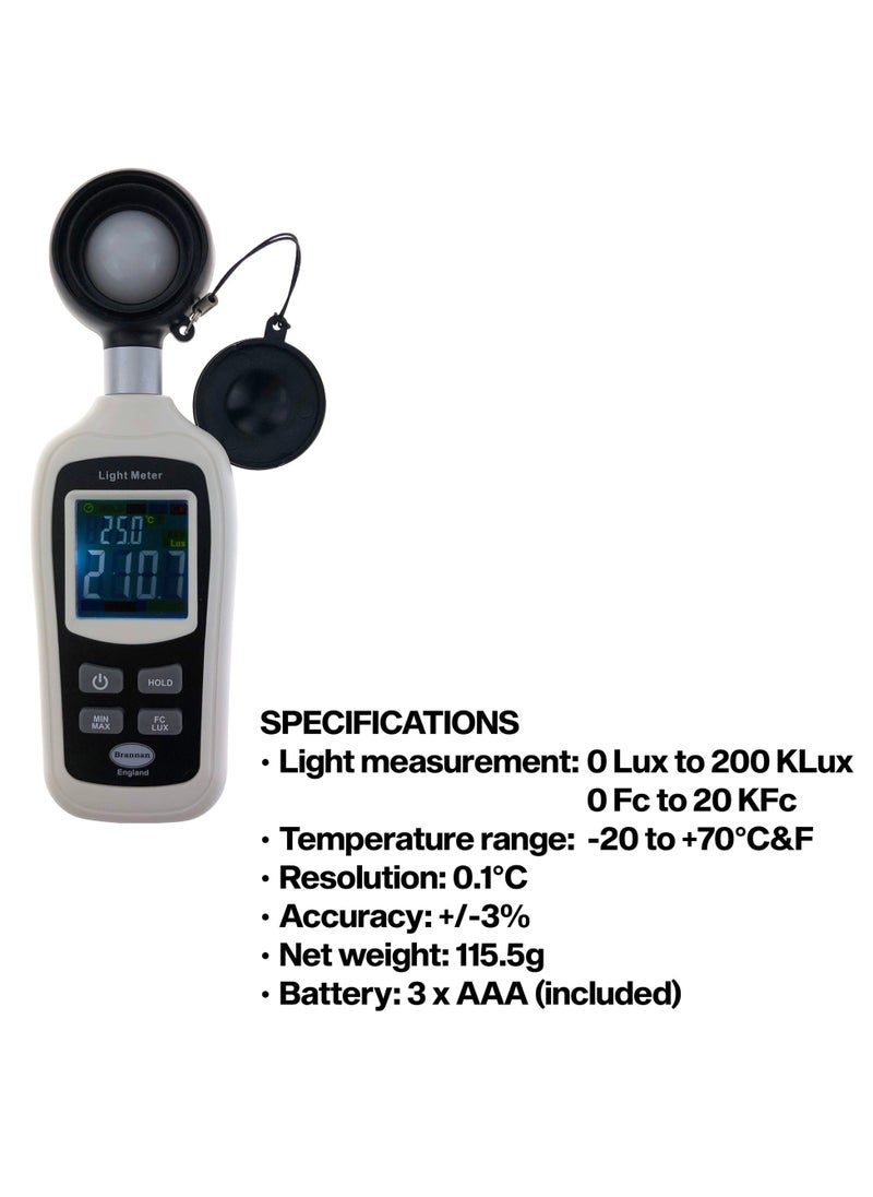 Mini Thermo-Light Meter with Calibration Certificate | Light and Temperature Measurement | Color LCD Display
