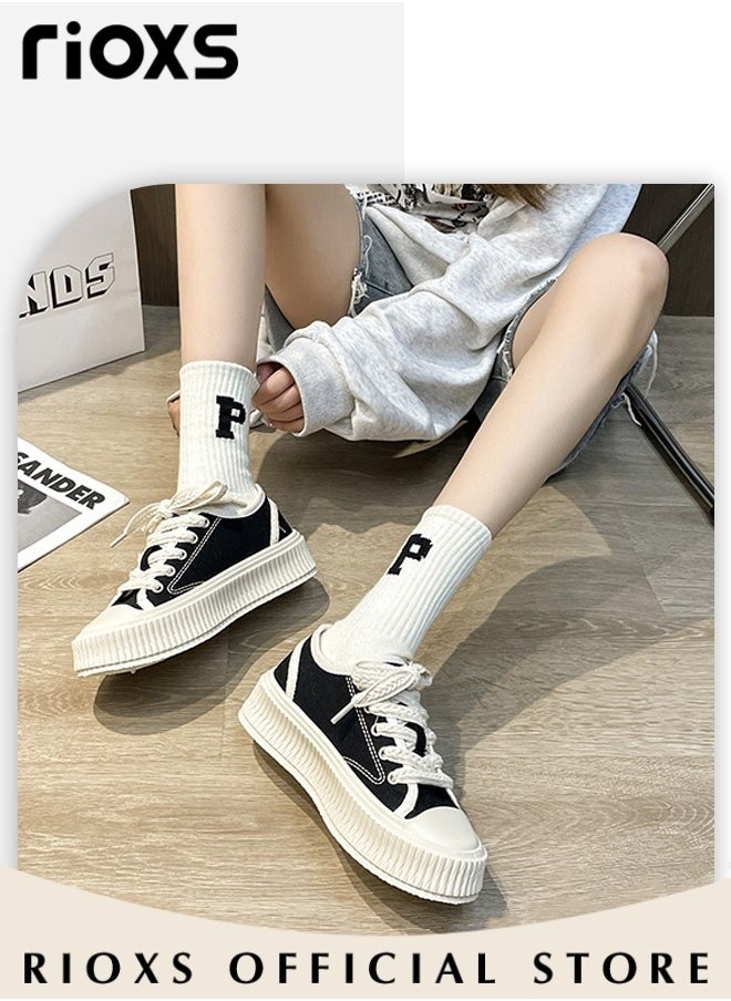 Women's Casual Canvas Low Top Sneakers Classic Lace Up Lightweight Shoes Fashion Breathable Flat Shoes