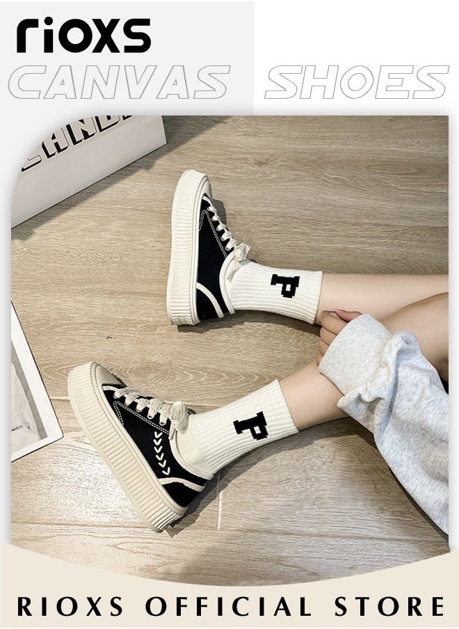 Women's Casual Canvas Low Top Sneakers Classic Lace Up Lightweight Shoes Fashion Breathable Flat Shoes