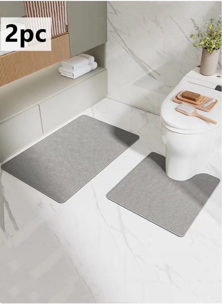 2-Pieces Diatom Mud Bathmat Set Bathroom Absorbent Anti-Slip Rugs Toilet Mat Grey 60X40 and 50x50 cm
