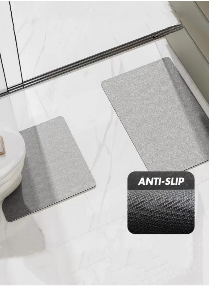 2-Pieces Diatom Mud Bathmat Set Bathroom Absorbent Anti-Slip Rugs Toilet Mat Grey 60X40 and 50x50 cm