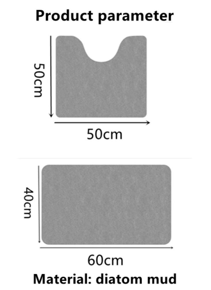 2-Pieces Diatom Mud Bathmat Set Bathroom Absorbent Anti-Slip Rugs Toilet Mat Grey 60X40 and 50x50 cm