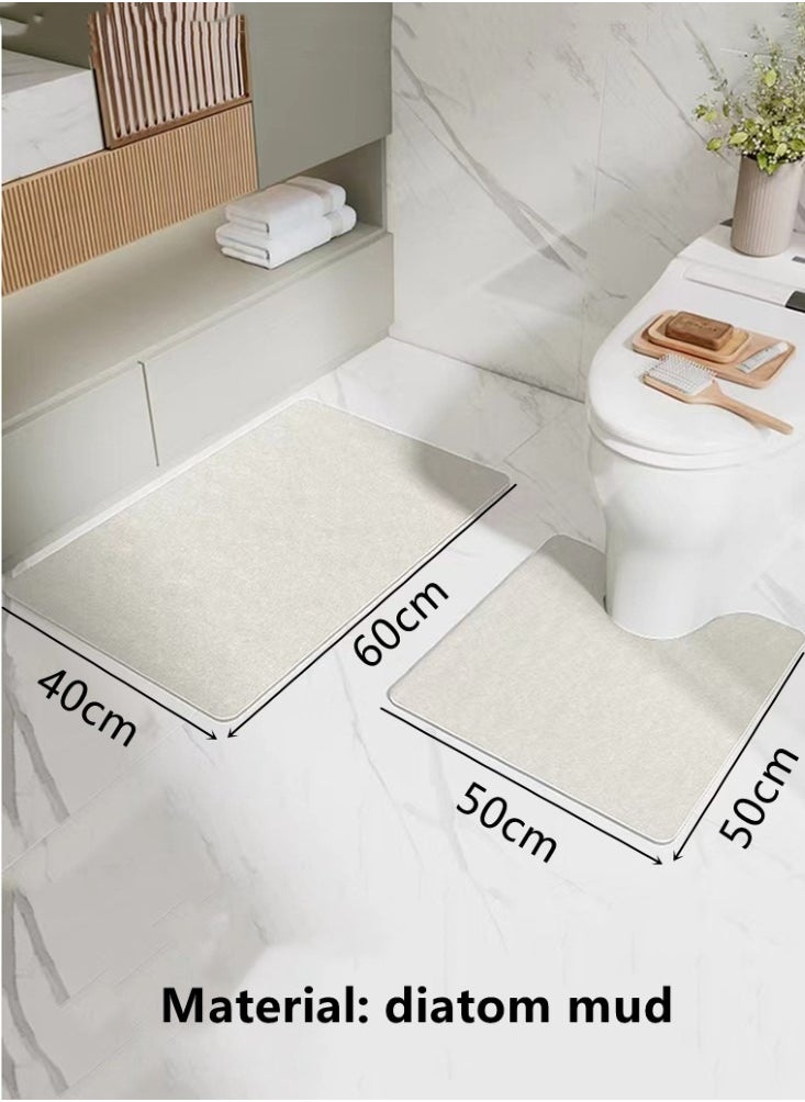 2-Pieces Diatom Mud Bathmat Set Bathroom Absorbent Anti-Slip Rugs Toilet Mat Cream Colored 60X40 and 50x50 cm