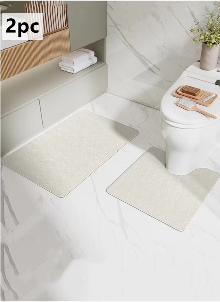 2-Pieces Diatom Mud Bathmat Set Bathroom Absorbent Anti-Slip Rugs Toilet Mat Cream Colored 60X40 and 50x50 cm