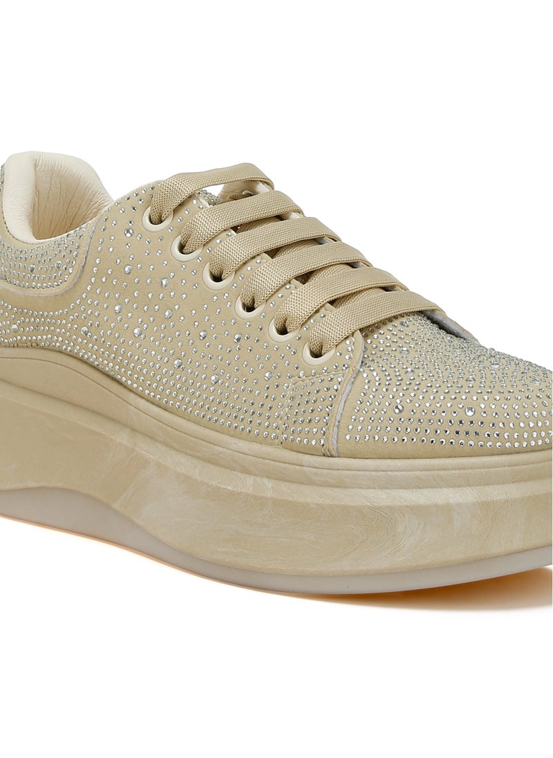 Rhinestones Embellished Chunky Sneakers in Beige