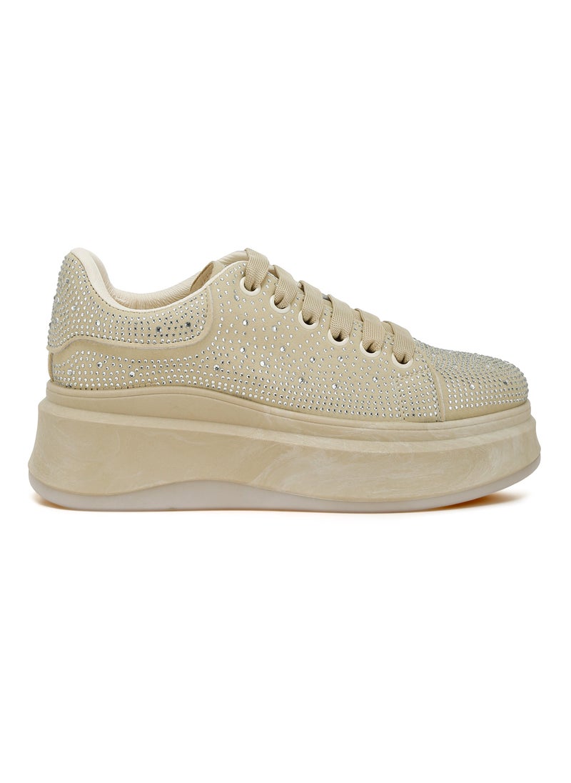 Rhinestones Embellished Chunky Sneakers in Beige