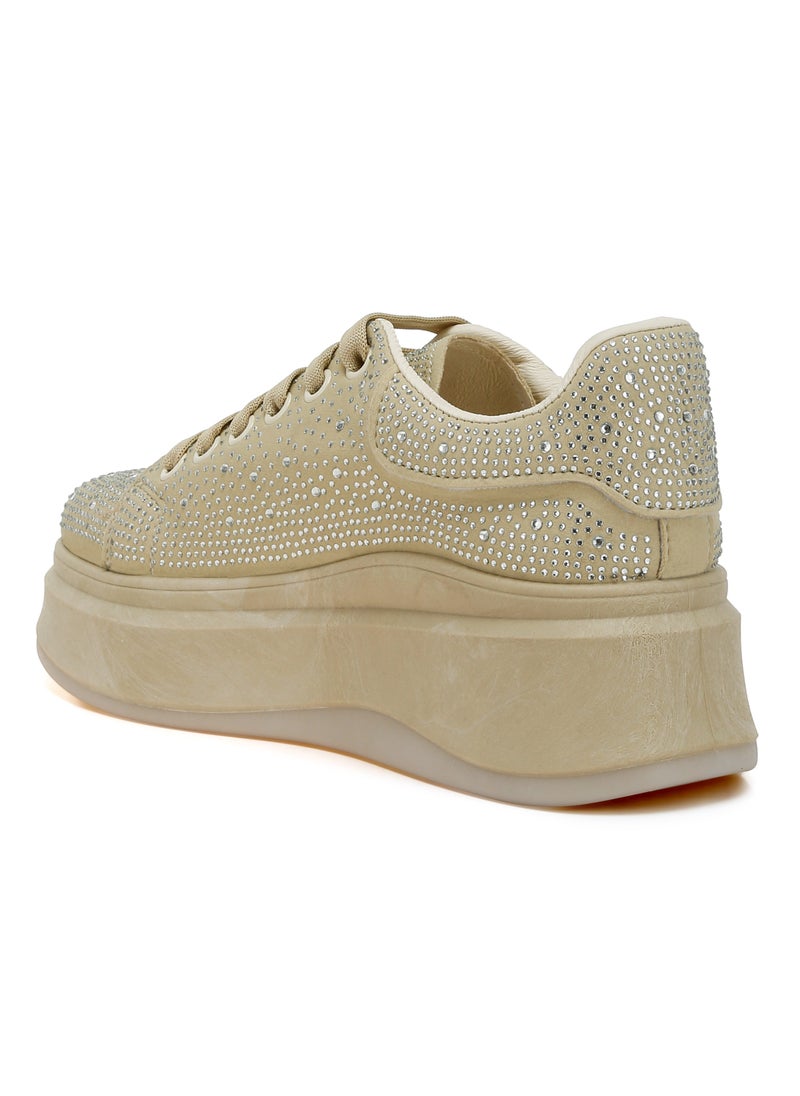 Rhinestones Embellished Chunky Sneakers in Beige