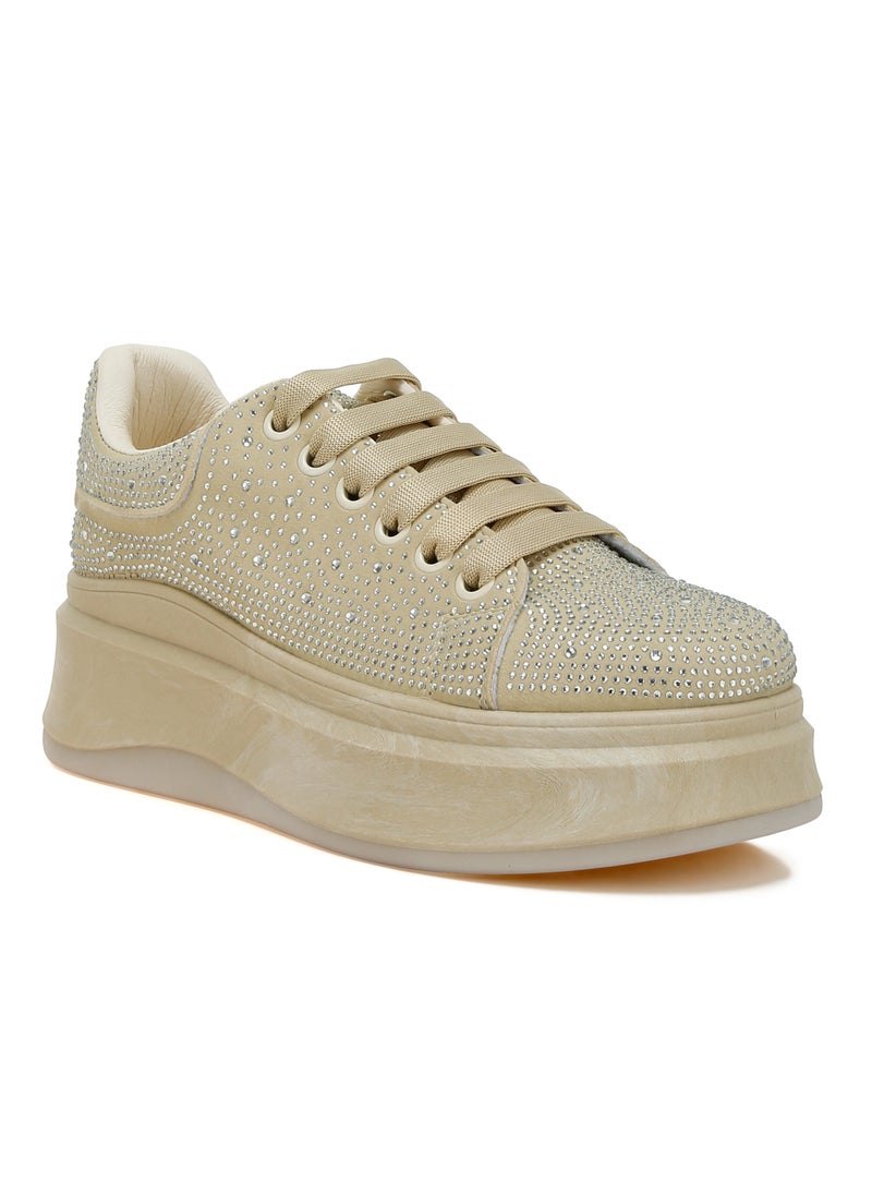 Rhinestones Embellished Chunky Sneakers in Beige