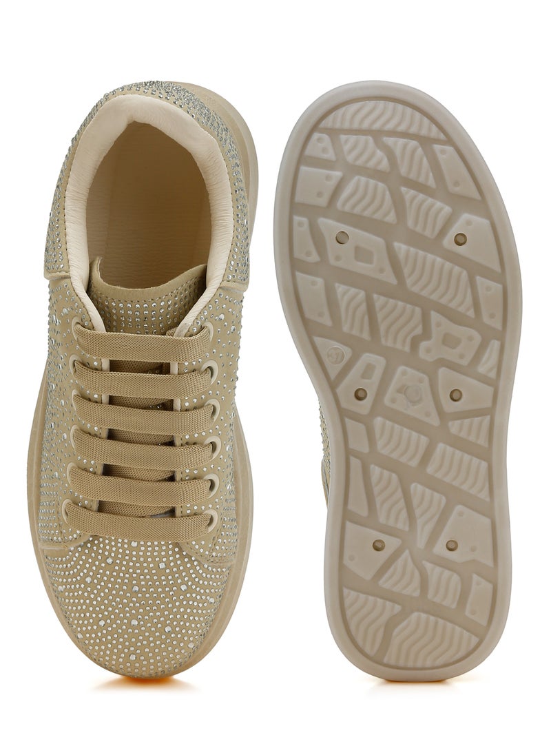 Rhinestones Embellished Chunky Sneakers in Beige