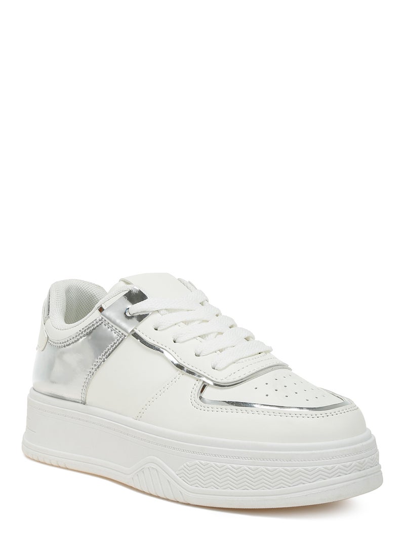 Metallic Paneling Platform Sneakers White Silver