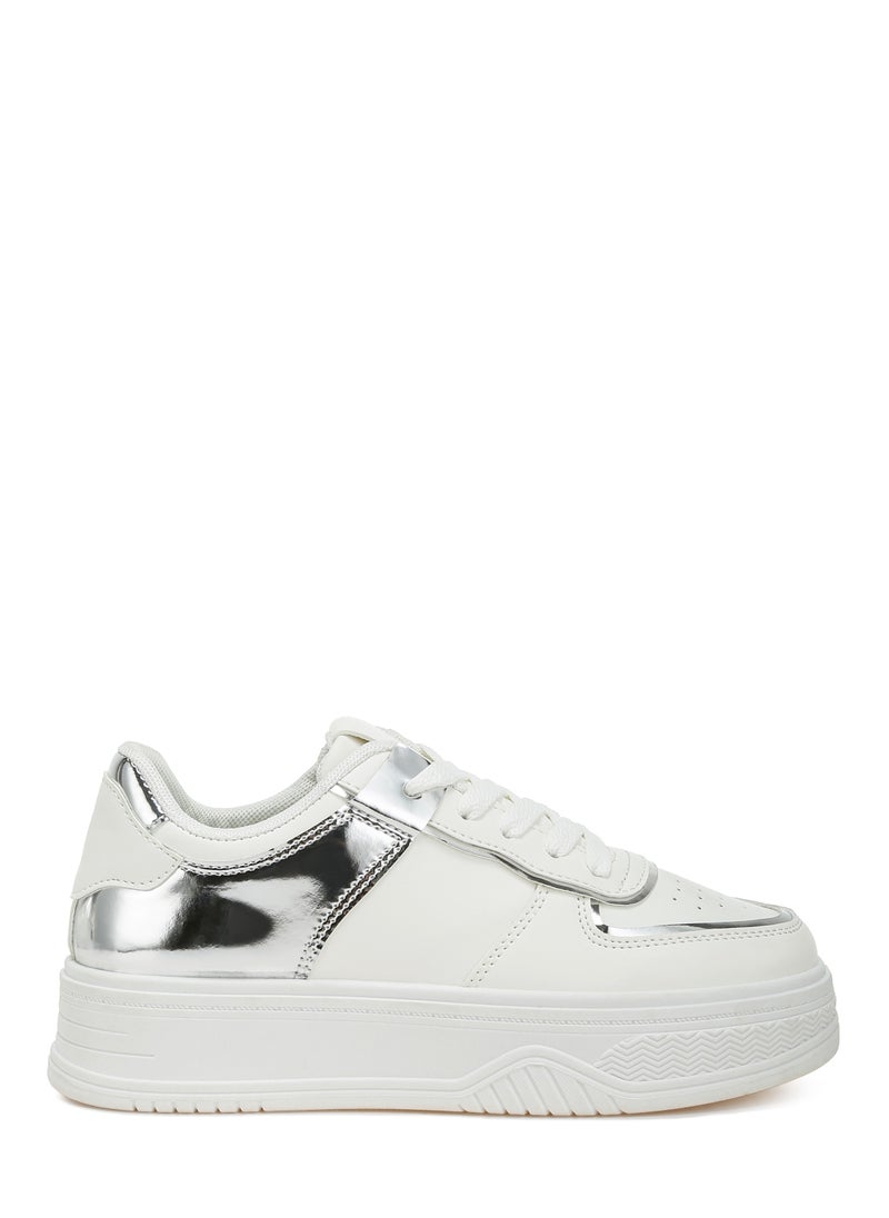 Metallic Paneling Platform Sneakers White Silver