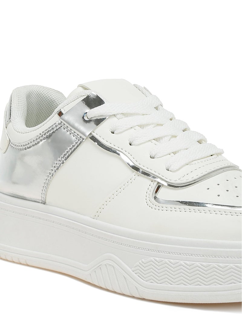 Metallic Paneling Platform Sneakers White Silver