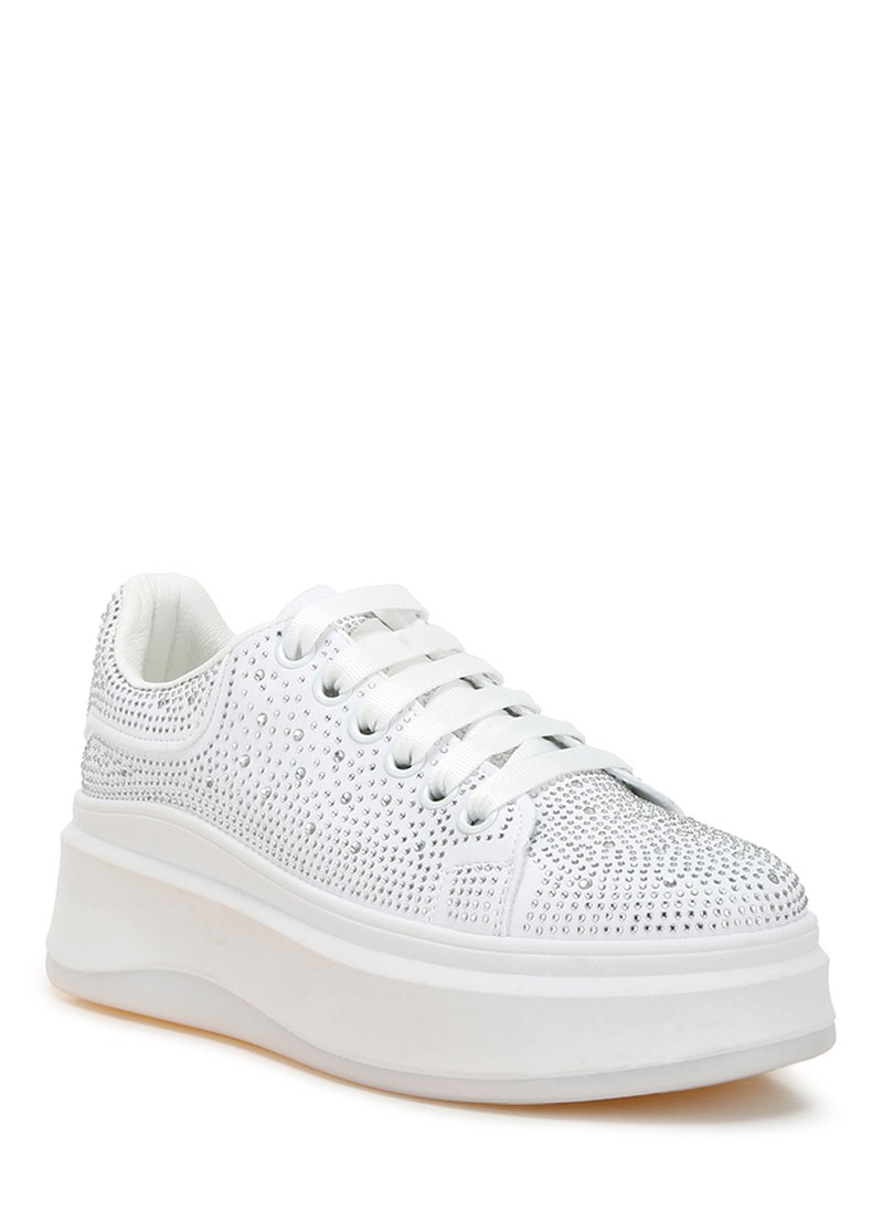 Rhinestones Embellished Chunky Sneakers in White