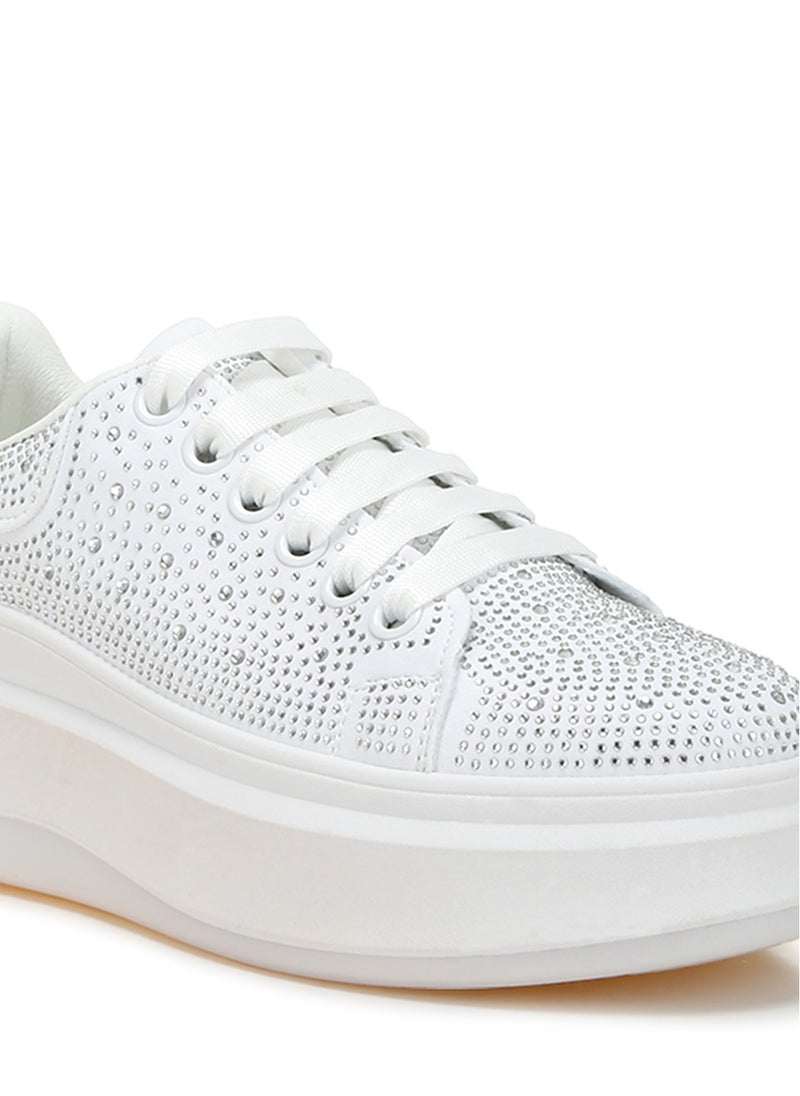 Rhinestones Embellished Chunky Sneakers in White