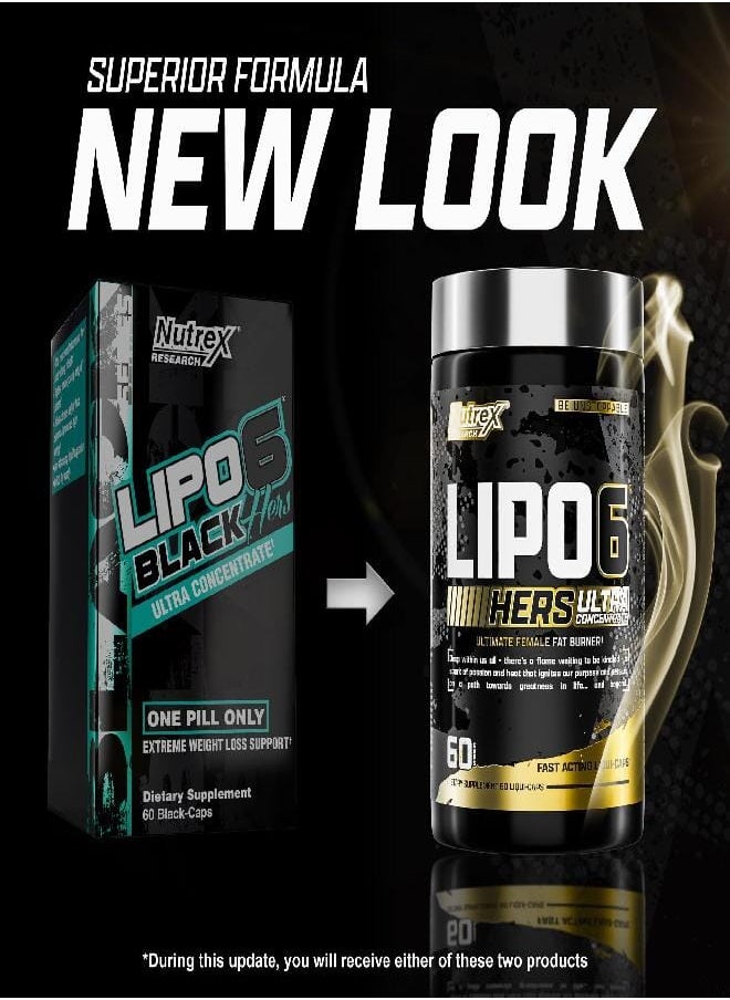 Nutrex Research Lipo-6 Black Hers Ultra Concentrate | Weight Loss Pills for Women | Fat Burner, Appetite Suppressant, Metabolism Booster for Weight Loss + Hair, Skin, & Nails Support | 60 Diet Pills