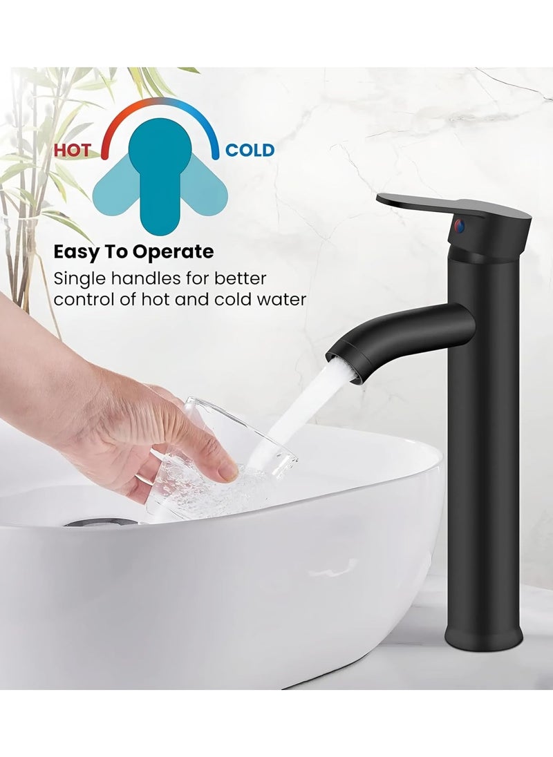 Stainless Steel Sink Faucet, Leak Proof, Hot Cold, Single Lever (Black, Tall)