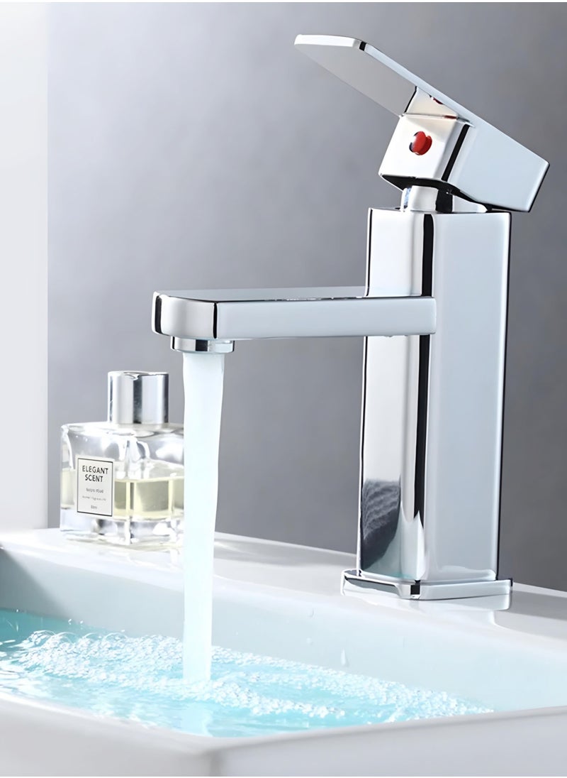 Water Tap Sink Counter Waterfall Bathroom Sink Water Tap Basin Mixer Hot & Cold Tap Deck Mounted Square Mono Single Lever Faucet (Chrome)