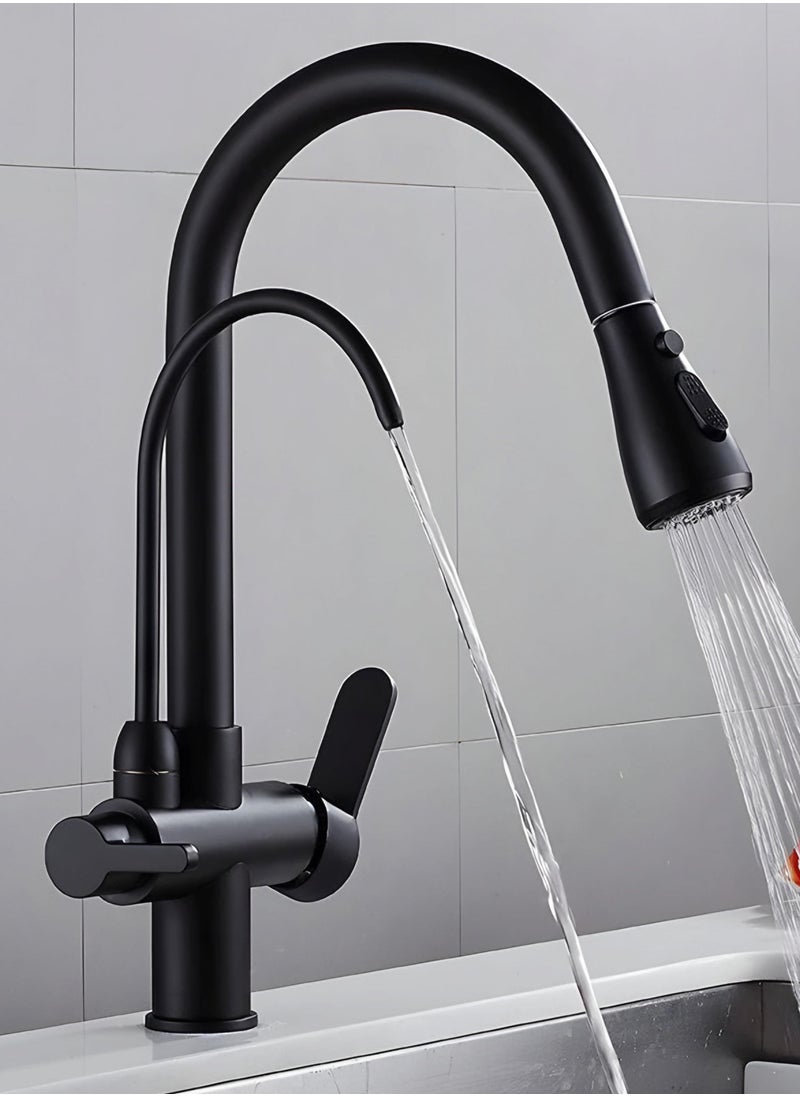 3 Way Kitchen Faucet with Pull-out Spray, High Arc Gooseneck, 360° Swivel Spout (Black)