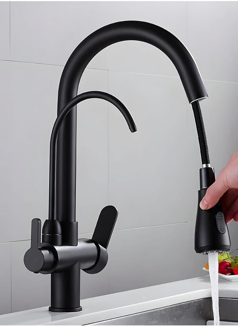 3 Way Kitchen Faucet with Pull-out Spray, High Arc Gooseneck, 360° Swivel Spout (Black)