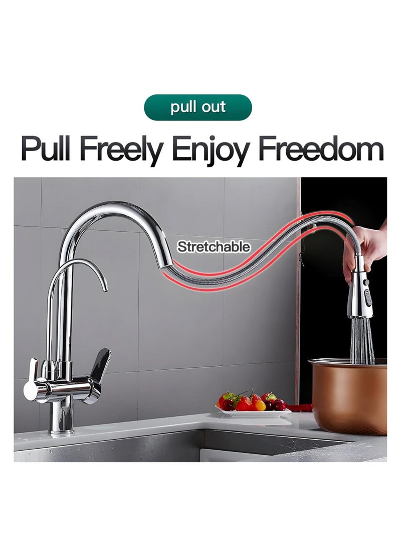 3 Way Kitchen Faucet with Pull-out Spray, High Arc Gooseneck, 360° Swivel Spout (Chrome)