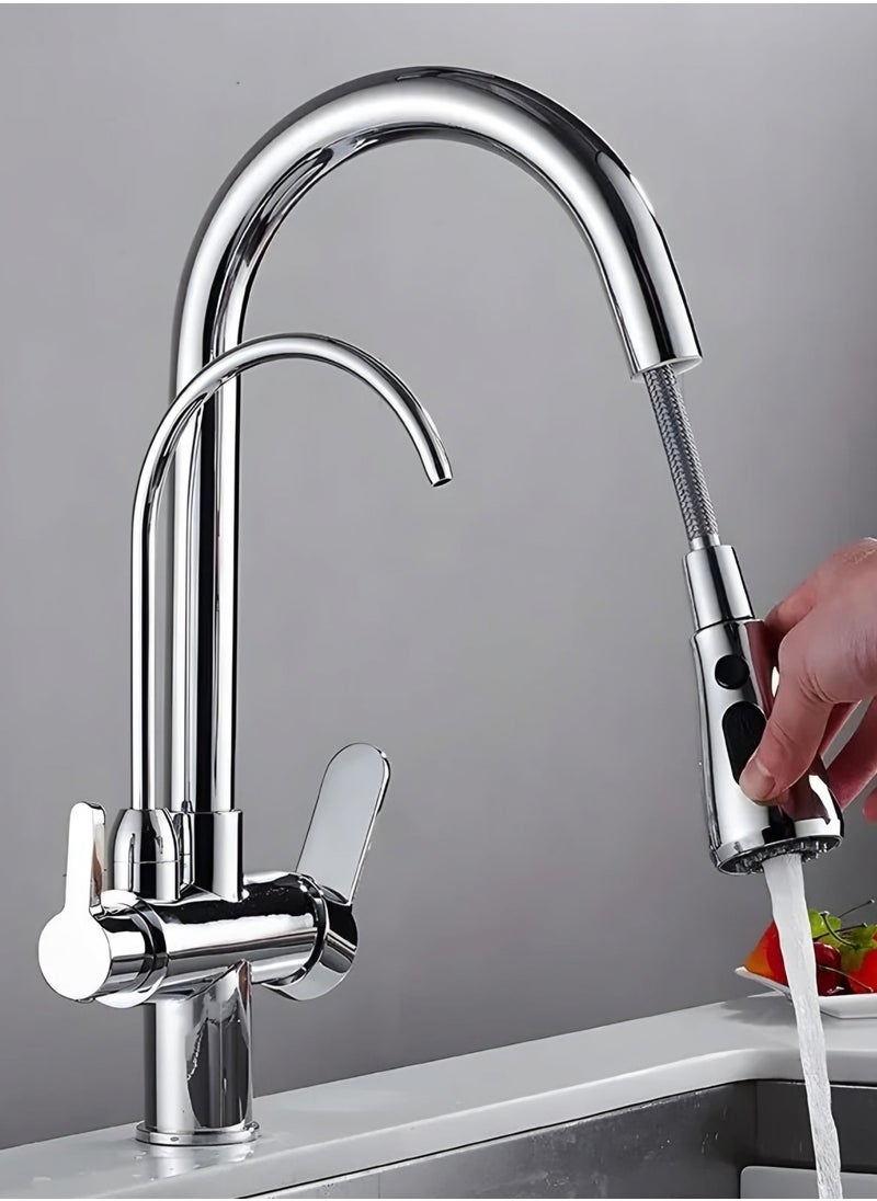 3 Way Kitchen Faucet with Pull-out Spray, High Arc Gooseneck, 360° Swivel Spout (Chrome)