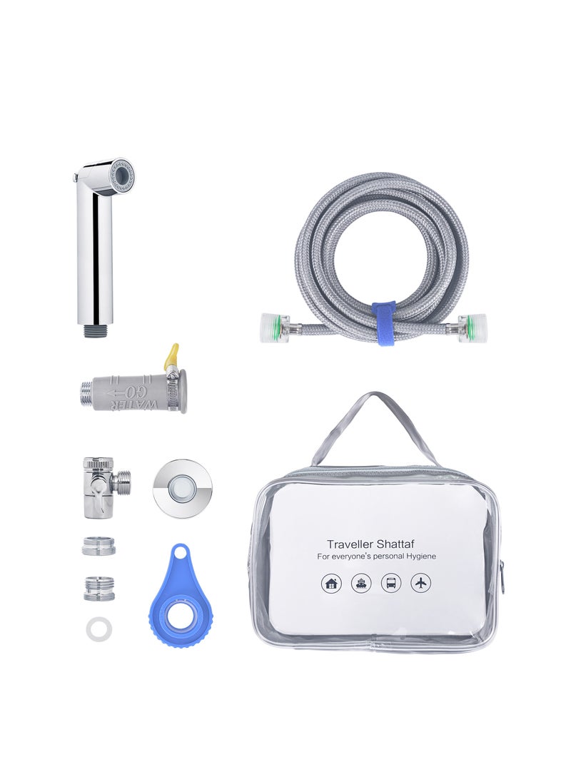 Portable Travel Shattaf bidet kit. Toilet shattaf Handshower Silver with Magnetic Suction Sprayer holder and 3 meter Hose