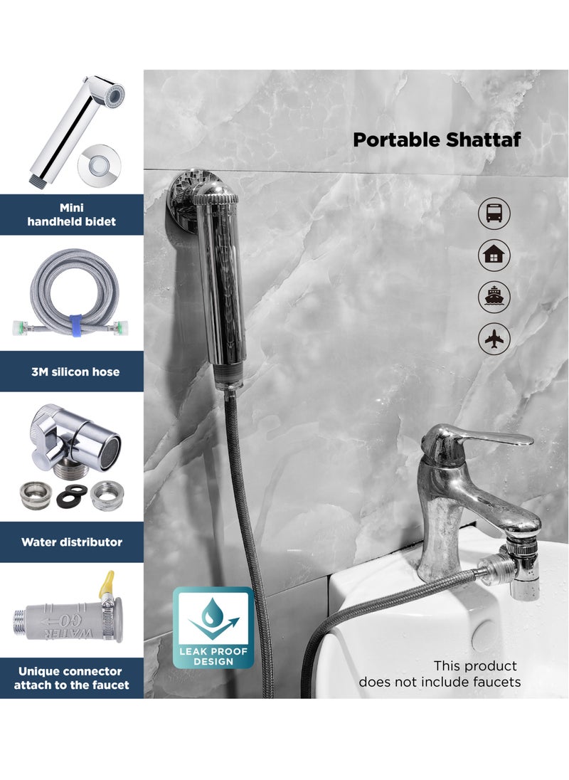 Portable Travel Shattaf bidet kit. Toilet shattaf Handshower Silver with Magnetic Suction Sprayer holder and 3 meter Hose