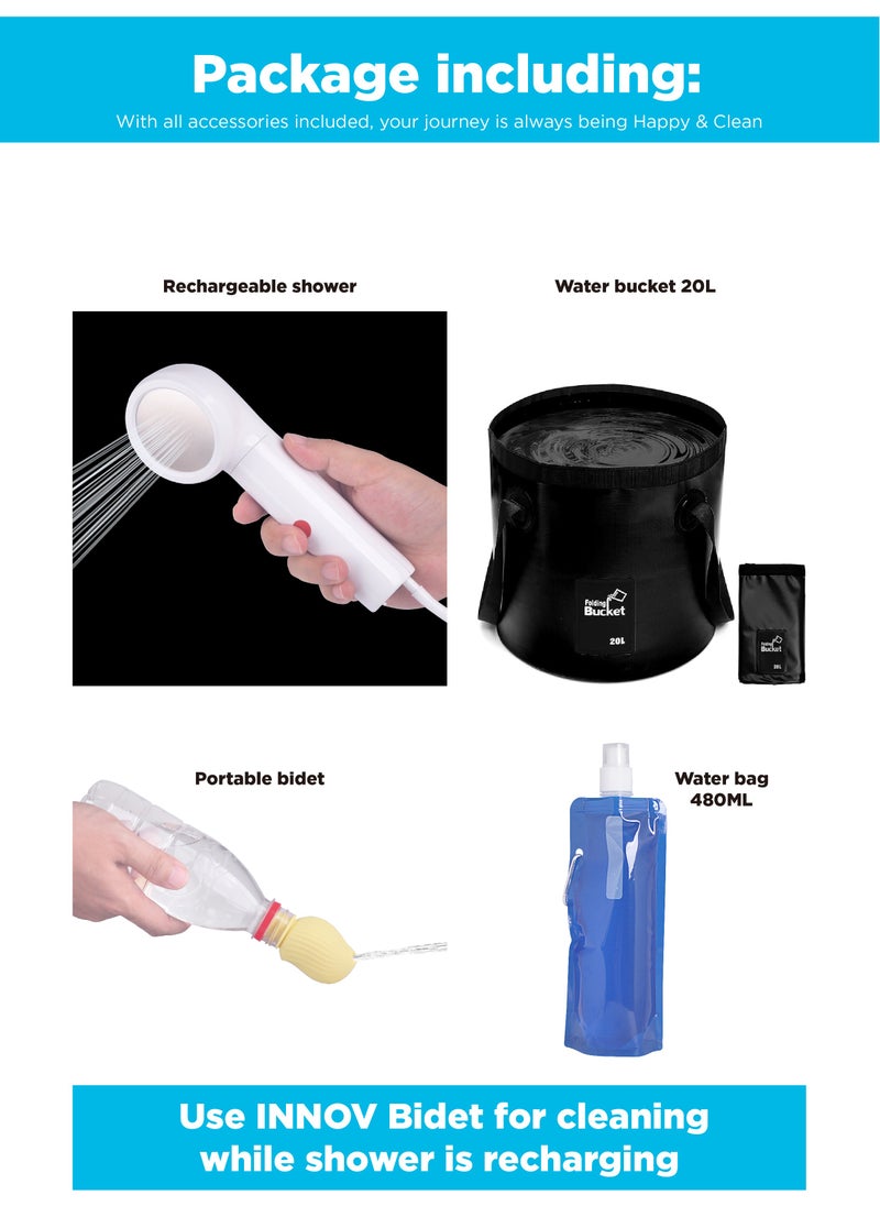 Portable Outdoor Shower Set battery powered - Multi-purpose Travel Bidet, Shattaf, Camping Shower rechargeable - Pumps Water from Bucket Into Strong, Steady shower stream,traveller partner, including 10L bucket foldable