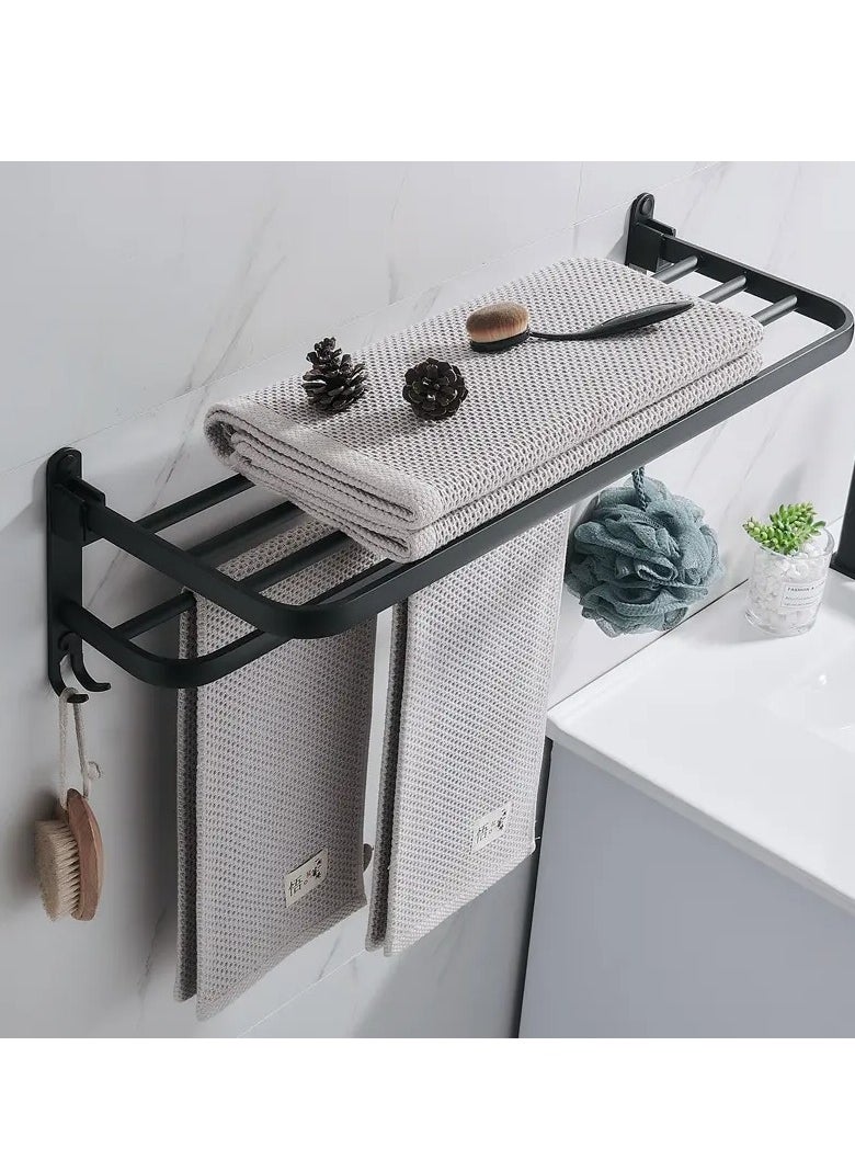 Multifunctional Foldable Bathroom Towel Rack With Hooks - Contemporary Wall-Mounted Towel Storage And Bathroom Space-Saving Organizer, Shower Storage Shelf With Foldable Design