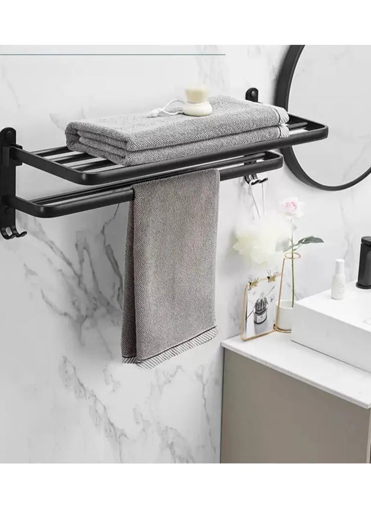 Multifunctional Foldable Bathroom Towel Rack With Hooks - Contemporary Wall-Mounted Towel Storage And Bathroom Space-Saving Organizer, Shower Storage Shelf With Foldable Design