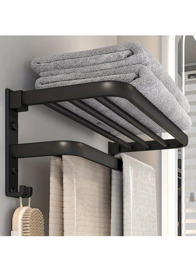 Multifunctional Foldable Bathroom Towel Rack With Hooks - Contemporary Wall-Mounted Towel Storage And Bathroom Space-Saving Organizer, Shower Storage Shelf With Foldable Design