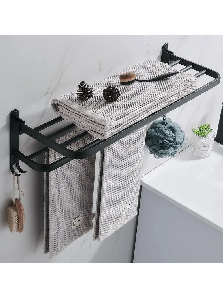 Multifunctional Foldable Bathroom Towel Rack With Hooks - Contemporary Wall-Mounted Towel Storage And Bathroom Space-Saving Organizer, Shower Storage Shelf With Foldable Design