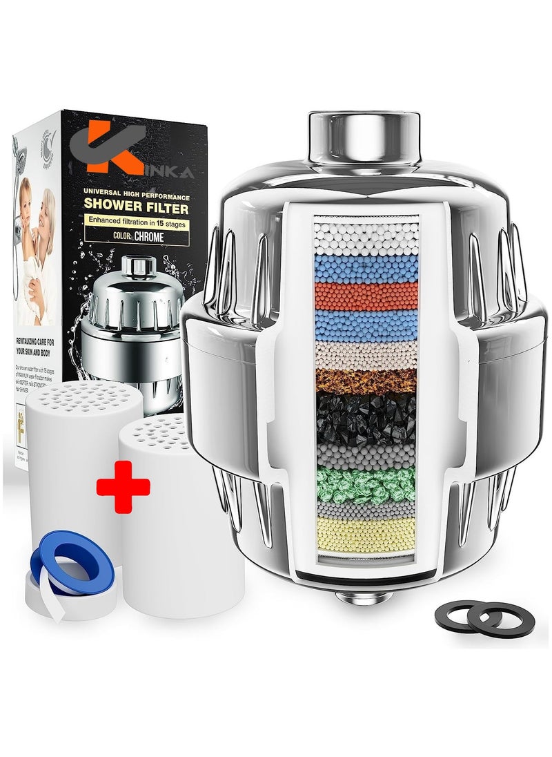 KINKA Shower Filter 15 Stages (2 x Cartridges Included) Shower Filter Head for Hair Loss UAE, KDF Water Filter for Removing Chlorine & Heavy Metals, Softens Hard Water, Skin Rash & Eczema