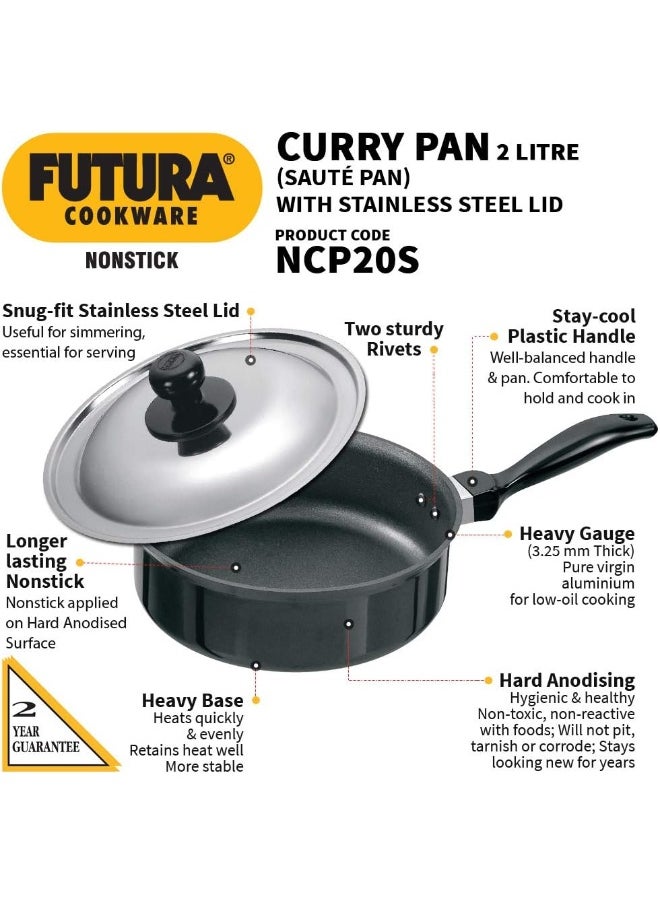 Futura Nonstick Curry Pan Saute Pan Without LID 22cm 3.25mm Think 2 Litre s Black