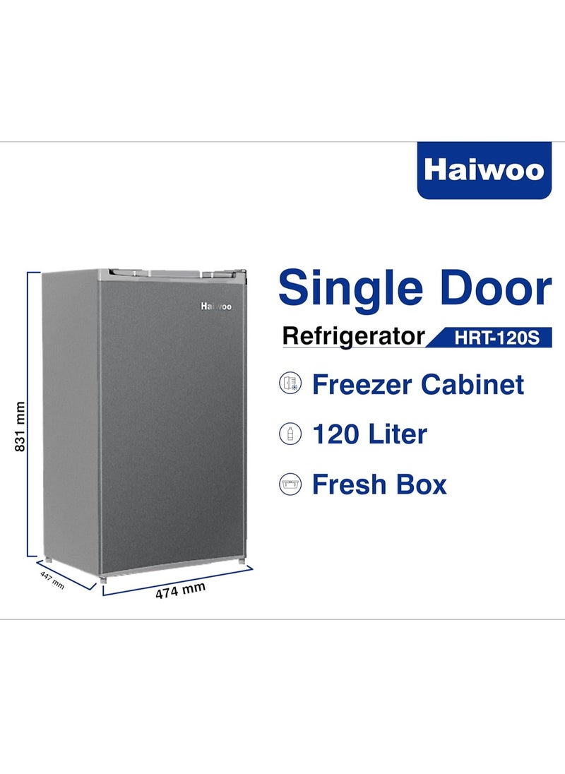 Haiwoo 120L Gross / 92L Net, Single Door Refrigerator, Defrost, Temperature Control, Inside Light, Inside Condenser, Glass Shelfs Key lock, HRT120S SILVER