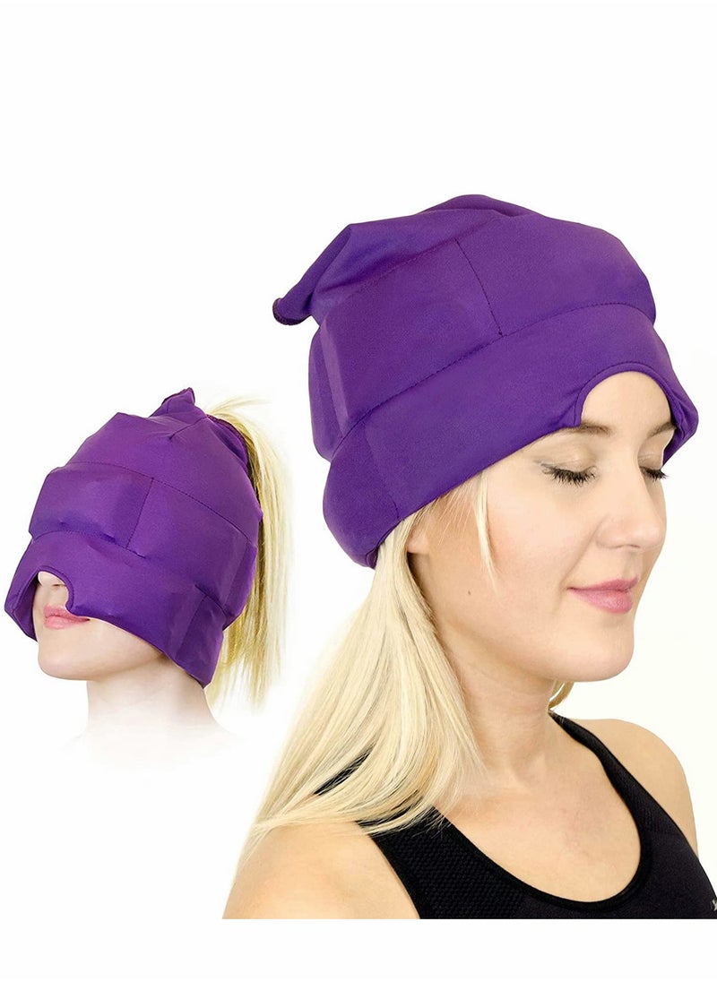 Headache Relief Cap Form Fitting Ice Head Wrap A Mask or Hat Used for Tension Relief. Stretchy, Comfortable, Cool, Purple