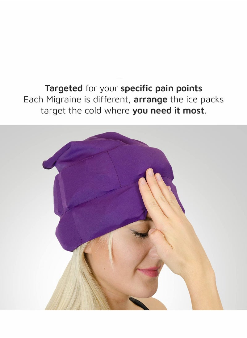 Headache Relief Cap Form Fitting Ice Head Wrap A Mask or Hat Used for Tension Relief. Stretchy, Comfortable, Cool, Purple