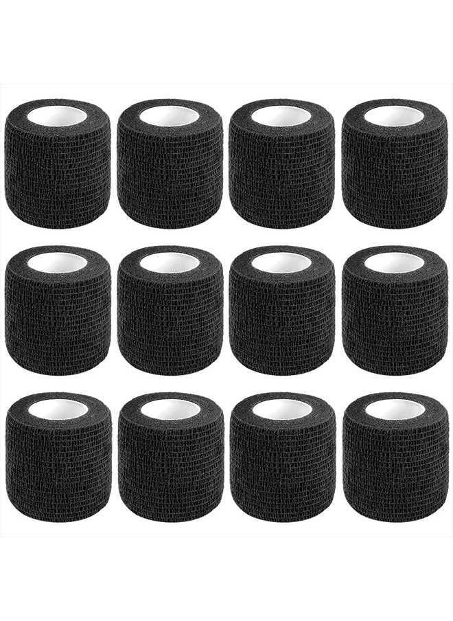 12 Pack Self Adhesive Bandage Wrap,2 Inches 5 Yards Black Vet Wrap Breathable Flexible Stretchy Cohesive Bandage for First Aid, Sprains Protection