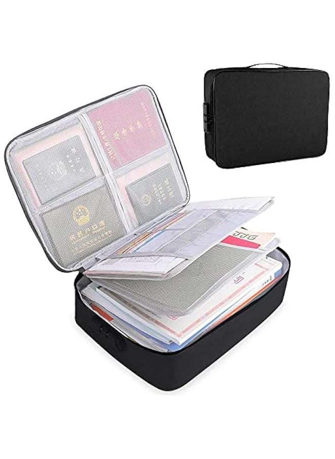 Document Organizer Bag with Code Lock,Watertight 3-Layer File Storage Case,Portable Home Office Travel Important Document Safe for Tablet,Passport,Legal Files,Valuables(Black)