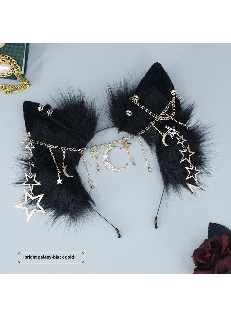 Cute Plush Handmade Cosplay Headwear Beaded Chain Gothic Hairband Animal Ears Bright Galaxy-Black Gold