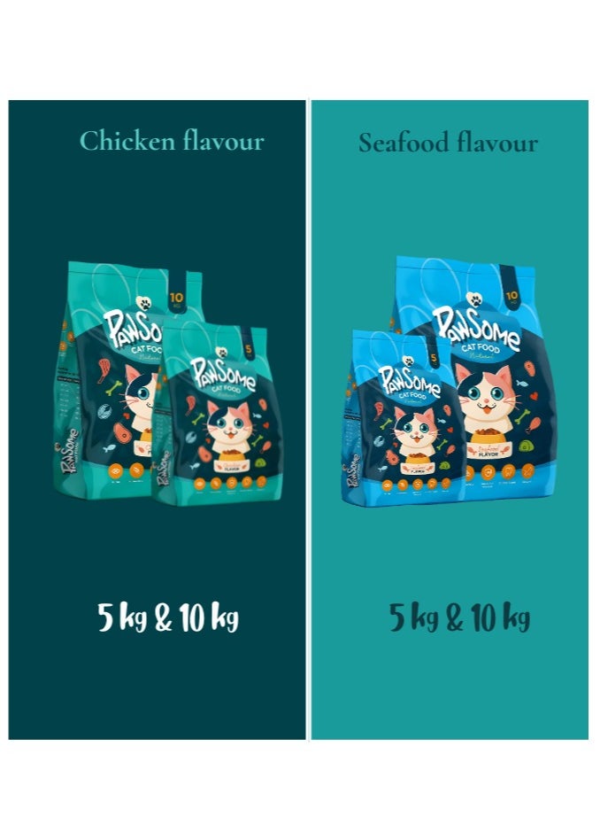 Dry Cat Food - 5 kg Seafood Flavor, Natural Fiber, Taurine and Crunchy Texture