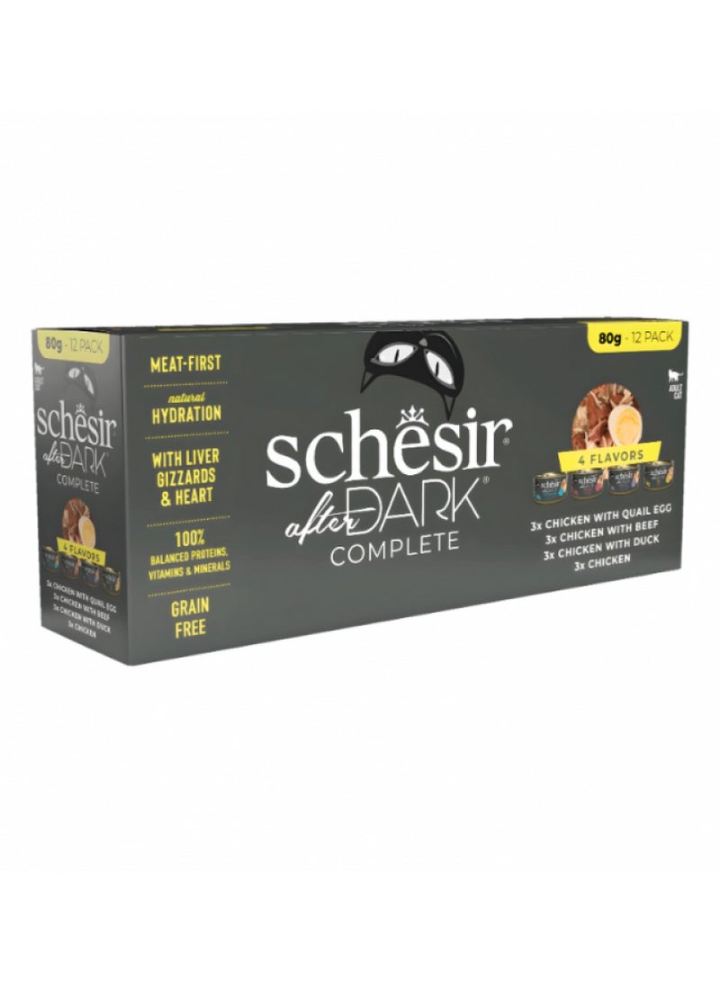 Schesir, After Dark Wholefood In Broth Variety Pack, For Cat 960g in 80g x12 Cans - 4 Flavors x 3 Cans Each Flavor,