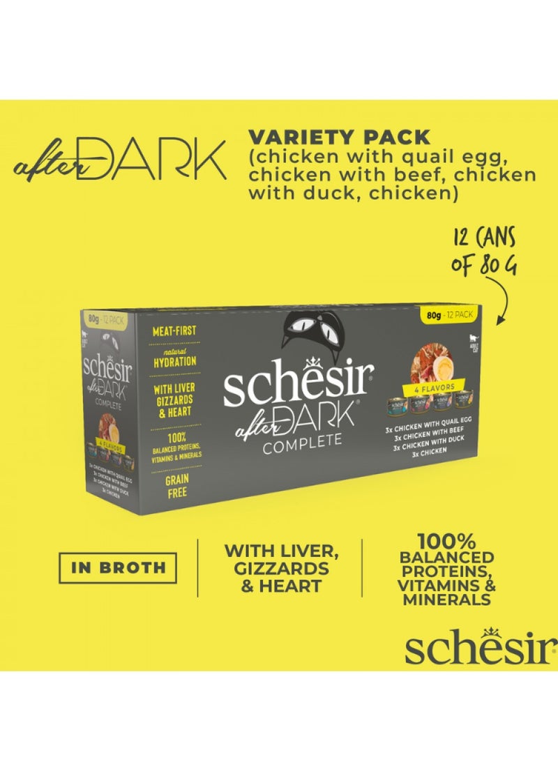 Schesir, After Dark Wholefood In Broth Variety Pack, For Cat 960g in 80g x12 Cans - 4 Flavors x 3 Cans Each Flavor,