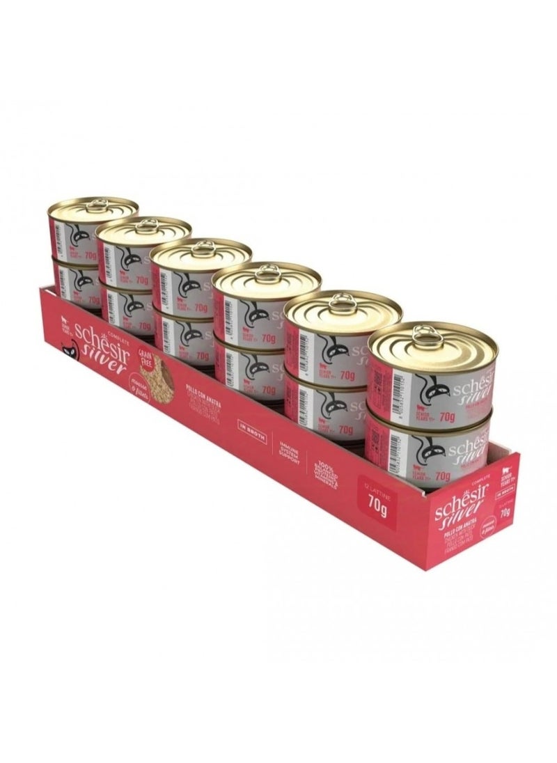 Schesir, Silver Mousse & Fillets Senior, Cat Wholefood - Chicken With Duck - 70g X 12cans in 1BOX