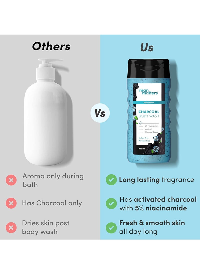 3 in 1 Action Charcoal and Menthol Body Wash - infused with Menthol, 5% Niacinamide and Activated Charcoal Beads - For Instant Cooling, Odor Protection and Improves Skin texture - 500ml - 2 packs